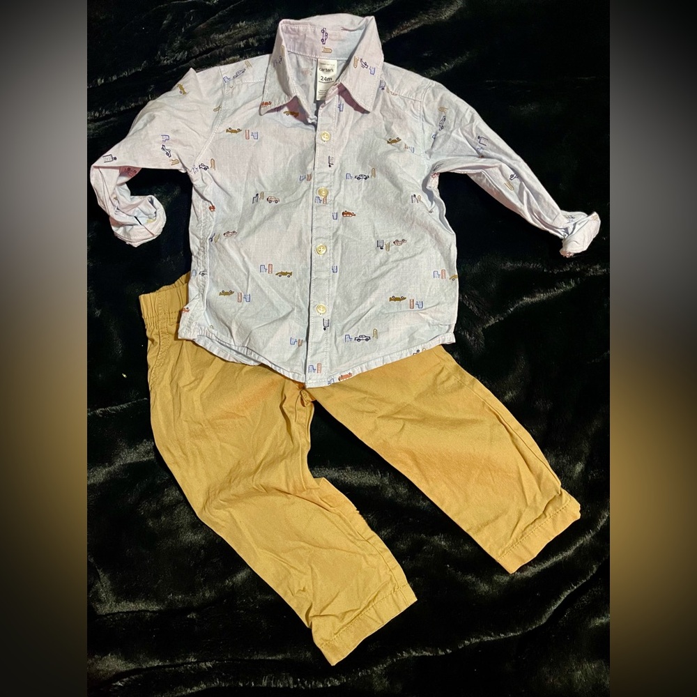 Carters Kids Button Patterned Shirt and Tan Pants 24M